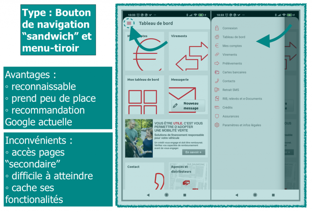 Exemple de FAB et de menu-tiroir avec l'application Android "Banque" de la Caisse d'Epargne