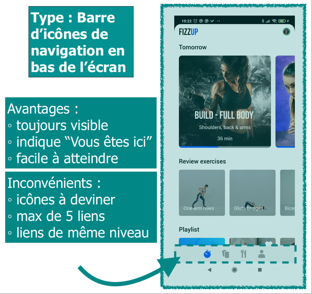 Exemple de barre de navigation en bas avec l'application "Fizzup" 
