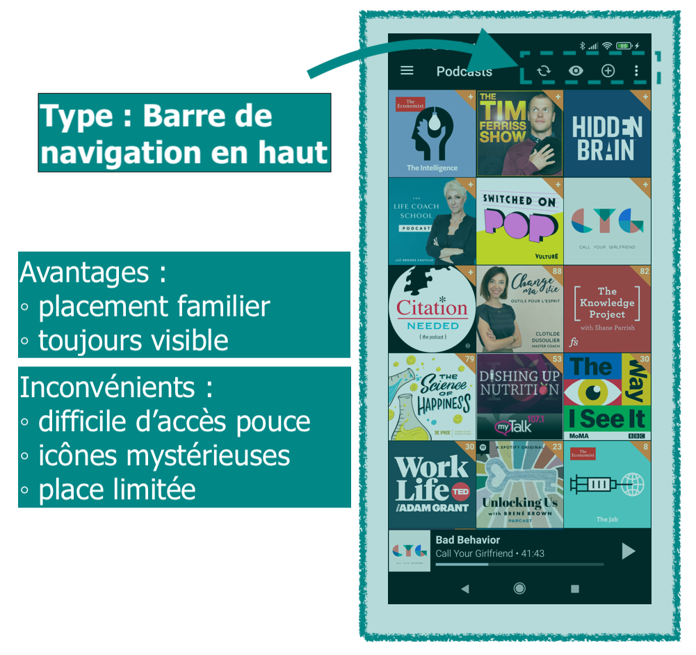 Exemple de barre de navigation Android en haut avec l'application "Podcast Addicts"