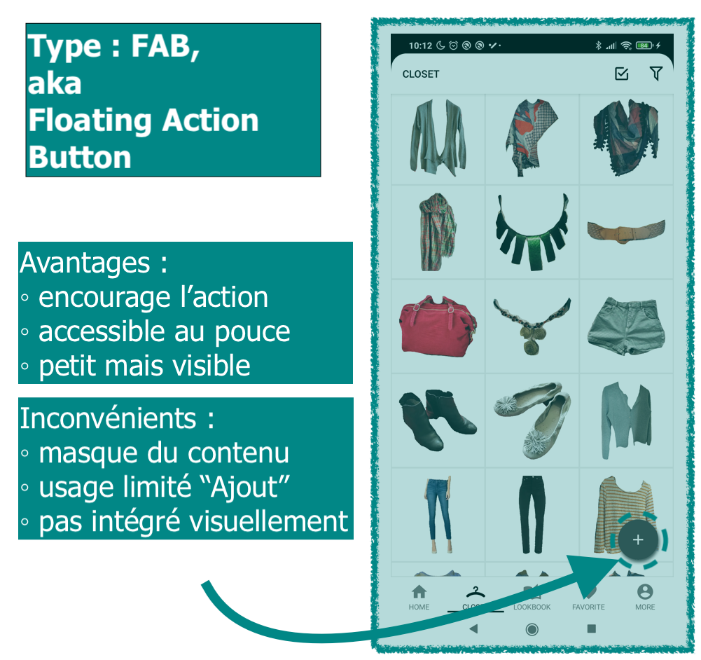 Exemple de Floating Action Button, ou FAB, avec l'application Android "Smart Closet"